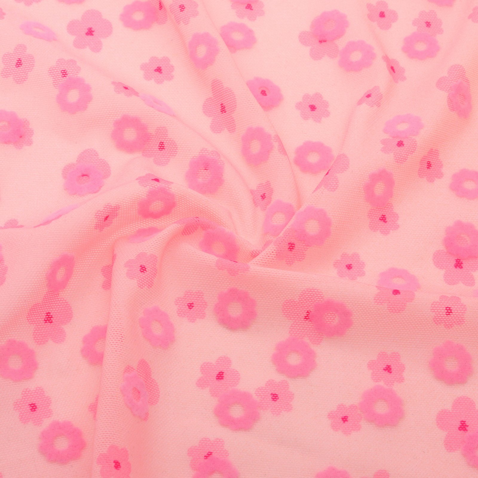 Tissu résille floquée fleurs rose recyclée extensible
